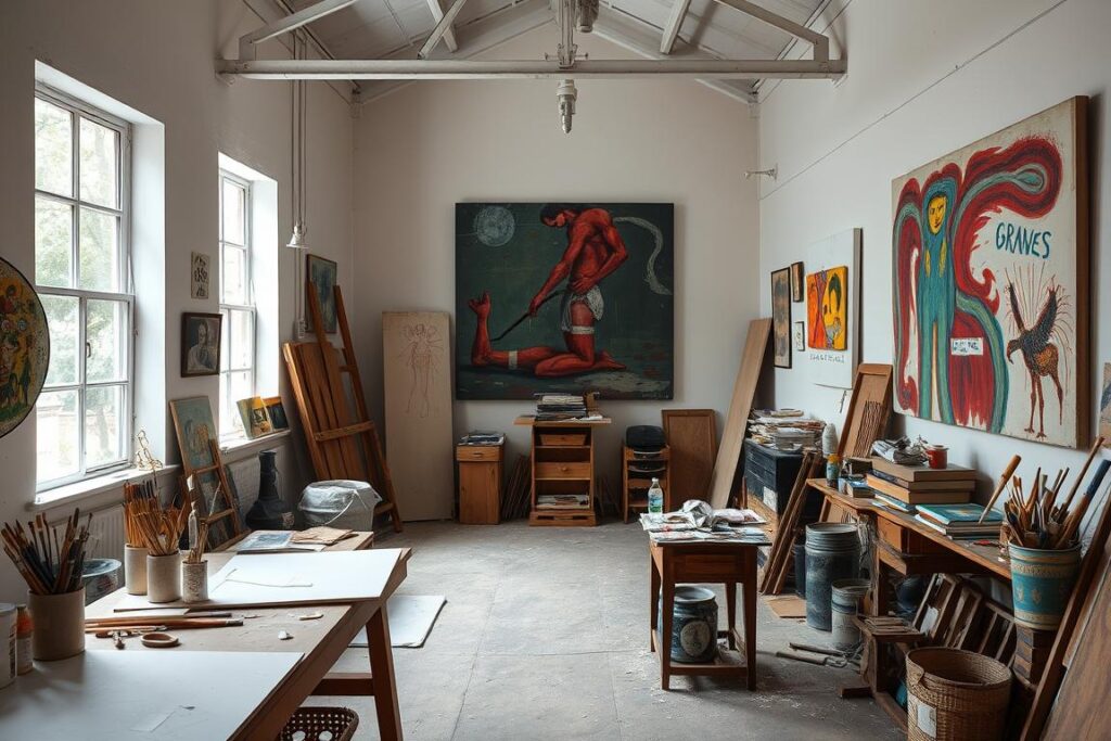 Brett Whiteley Studio interior showing the artist's workspace and paintings