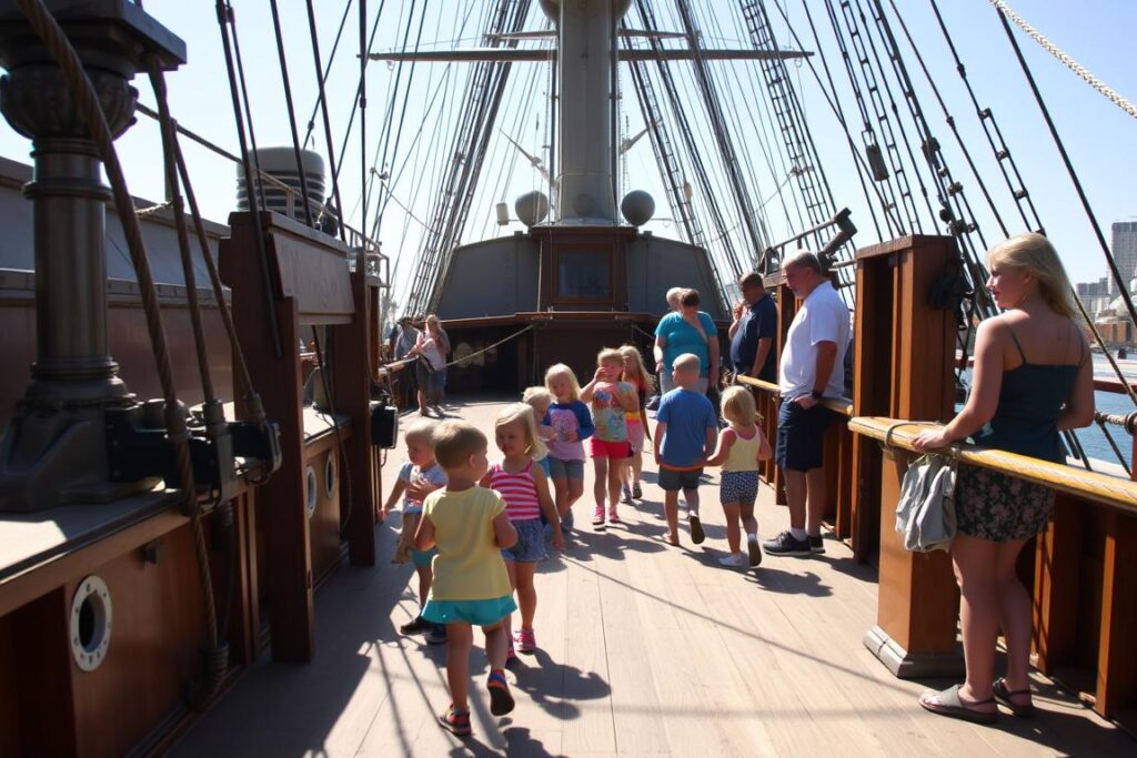 Children exploring the deck of a historic ship at a naval museum Sydney