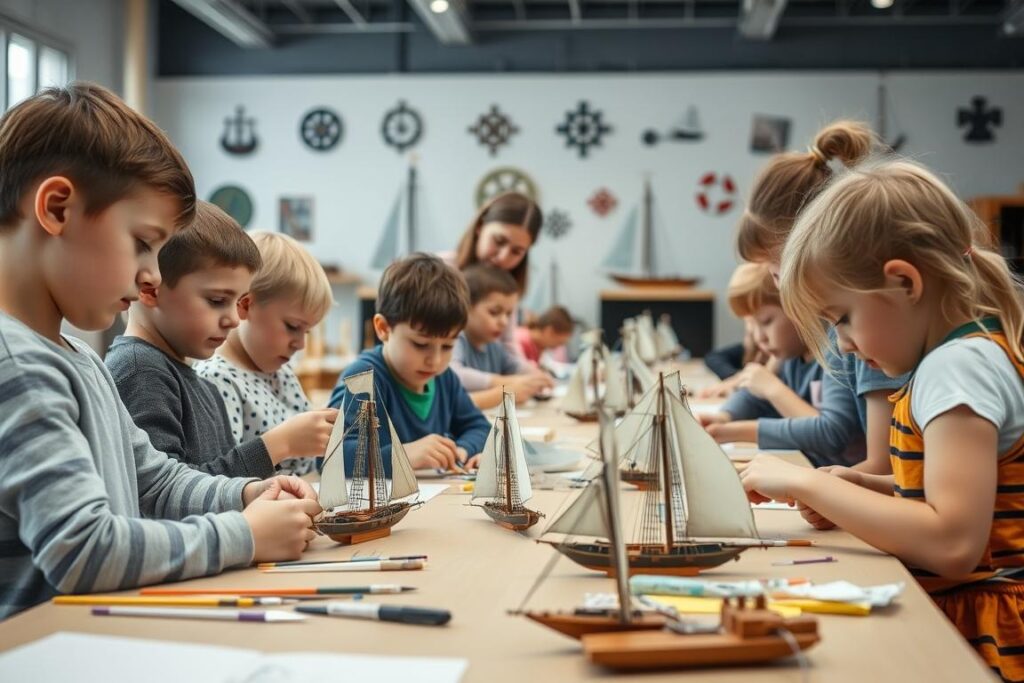 Children making model ships at a maritime museum craft workshop