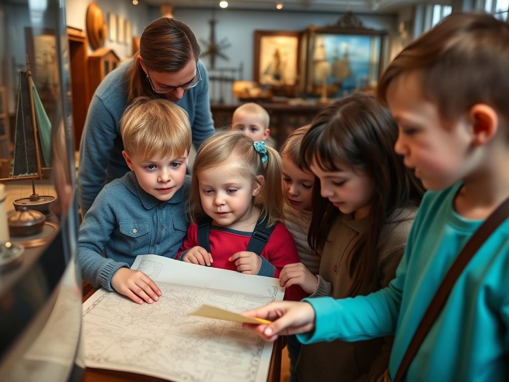 Children on a maritime museum treasure hunt following a map