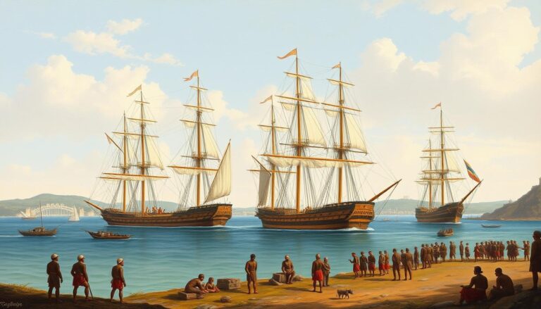 Convict history sites Sydney: First Fleet arrival illustration