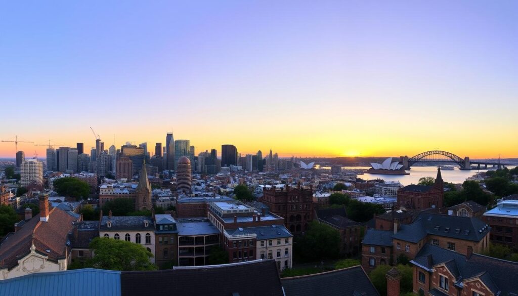 Convict history sites Sydney: Sunset view of Sydney with historic buildings