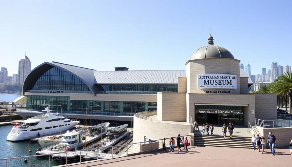 Exterior view of the naval museum Sydney with families entering