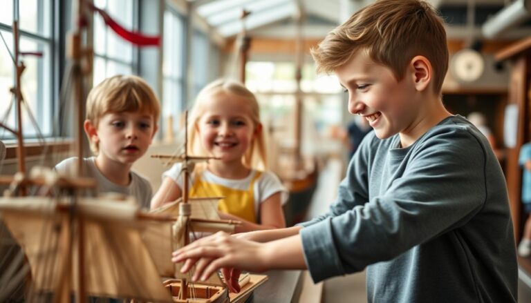 Family enjoying maritime museum activities with children exploring ship models