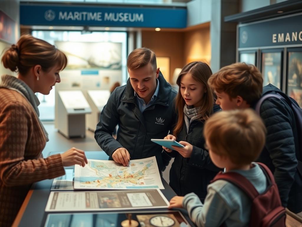 Family planning their visit at a maritime museum information desk