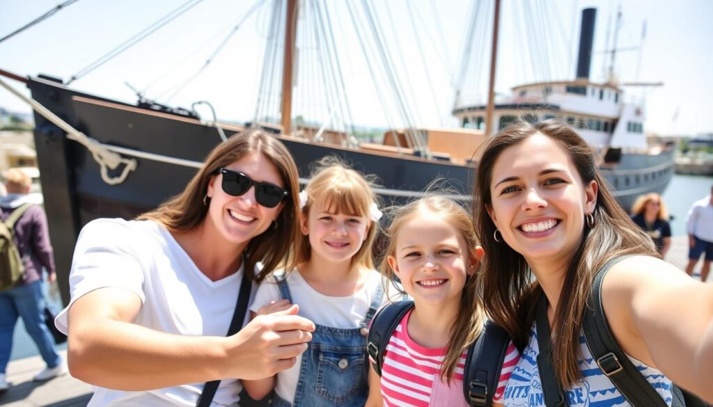 Family taking a souvenir photo at the end of their maritime museum visit