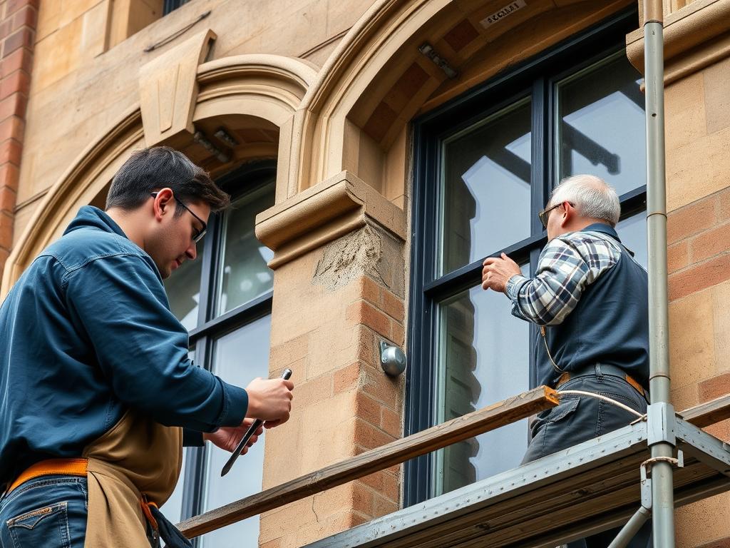 Heritage conservation in Sydney: Restoration work being performed on a historic building facade