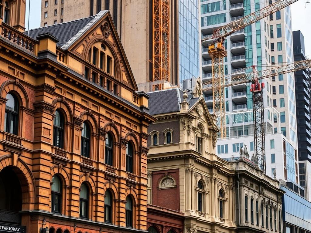 Heritage conservation in Sydney facing development pressure with construction cranes near historic buildings