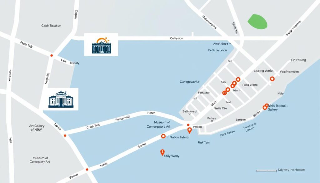 Map showing locations of major art museums in Sydney with public transport options