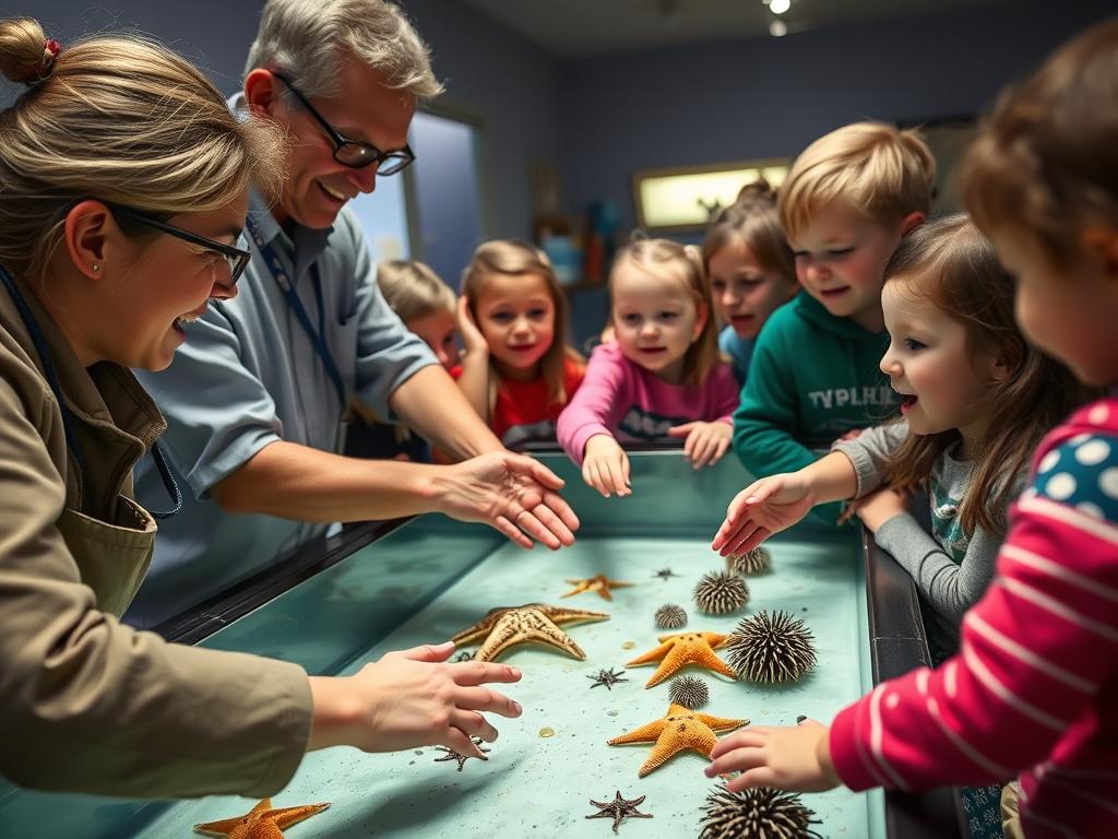 Marine biologist showing sea creatures to children at a maritime museum event