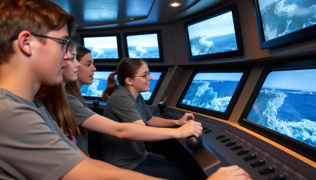 Teenagers using a ship simulator at a maritime museum
