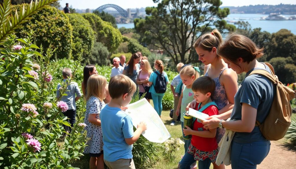 families exploring nature trail at Royal Botanic Garden family events this weekend