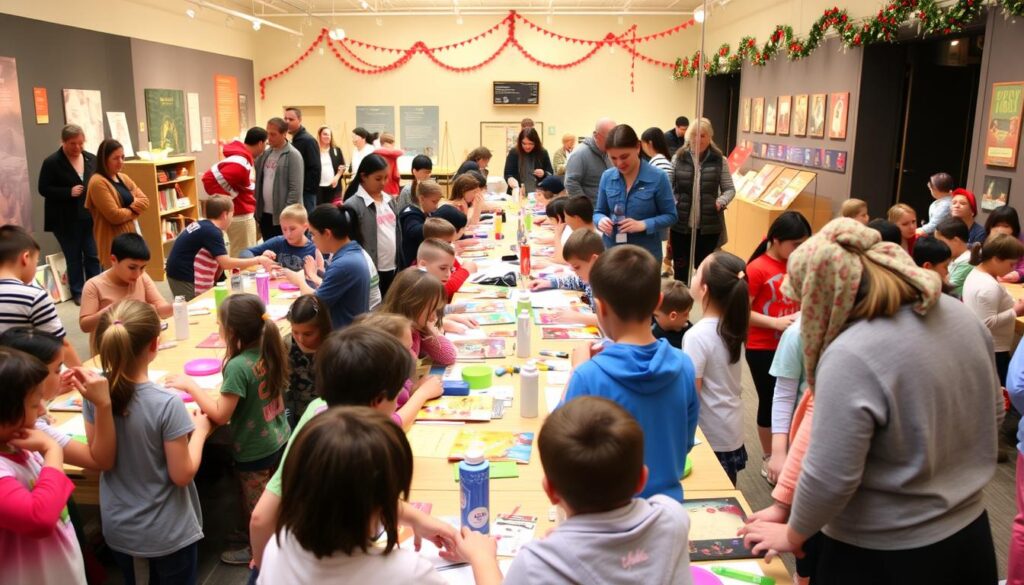 Busy school holiday museum workshop for kids with multiple activity stations