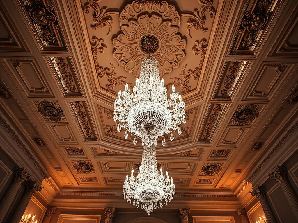 Government House Sydney Tour showing detailed ceiling and chandelier in the ballroom