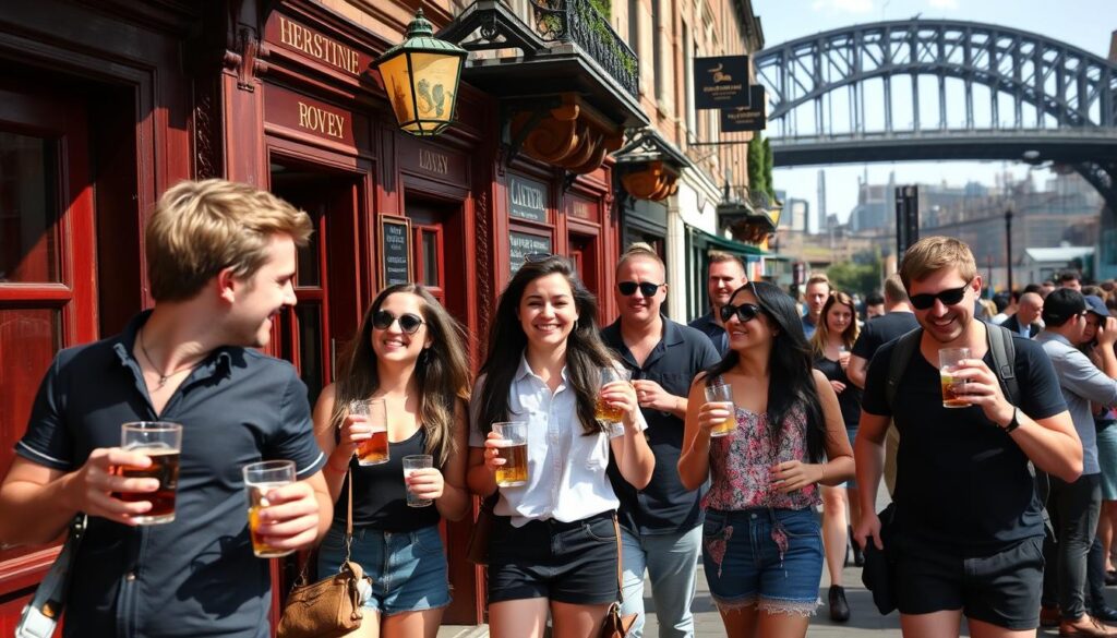 Group of friends enjoying a heritage pub crawl in Sydney