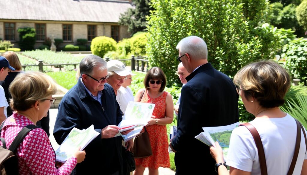 Heritage Gardens Open Days visitors enjoying guided tour with garden maps