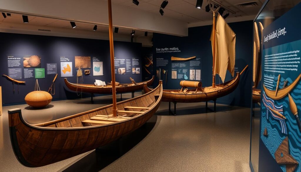 Indigenous heritage museum Sydney maritime exhibition showing traditional watercraft