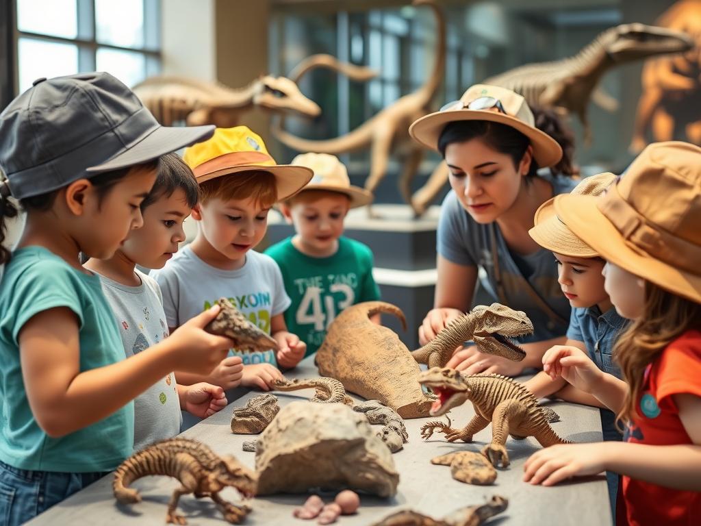 Kids examining dinosaur fossils at a museum workshop for kids in Sydney
