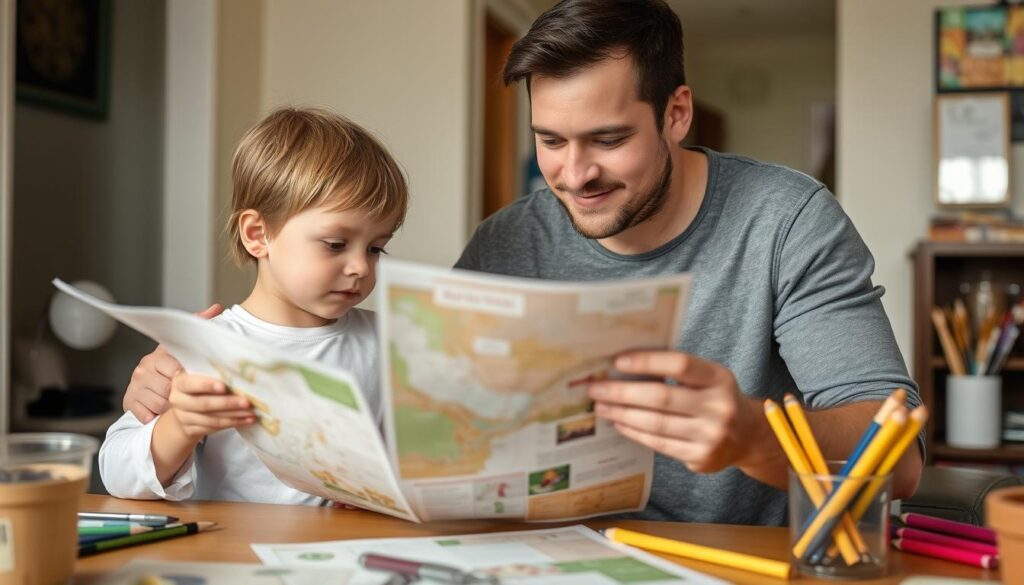 Parent and child reviewing museum workshop for kids materials at home