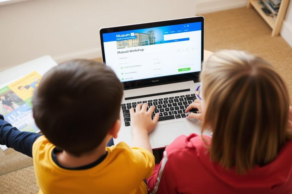 Parent booking a museum workshop for kids online while child looks excited