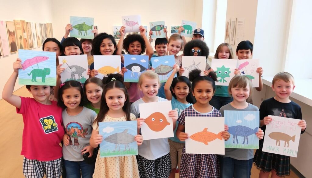 Proud children displaying their creations from museum workshops for kids