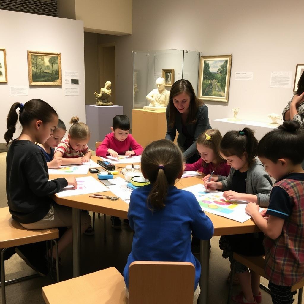 School-aged children in advanced museum workshops for kids learning techniques