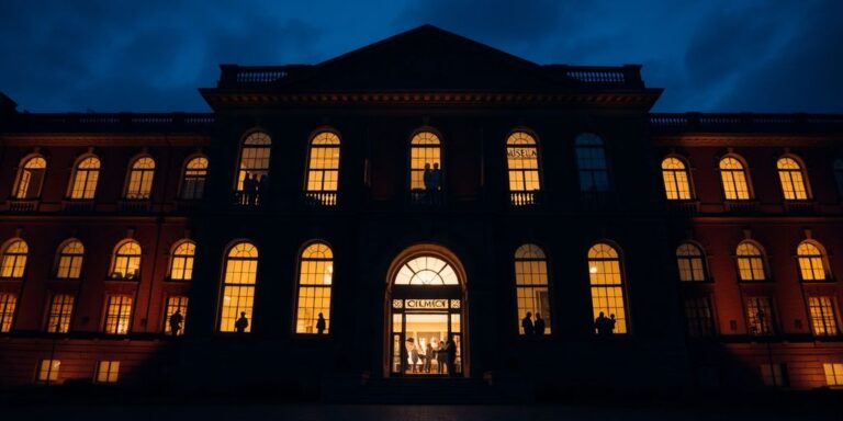 Historic Sydney building at night, illuminated exterior.