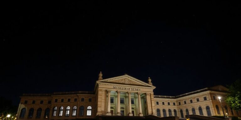 Historic Sydney buildings illuminated at night.