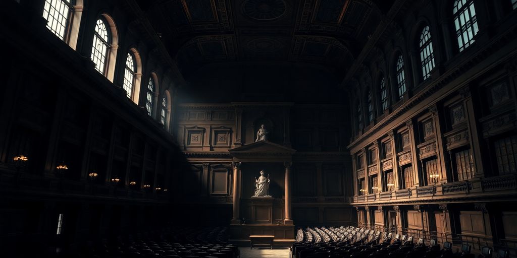 Grand parliamentary chamber illuminated at night.