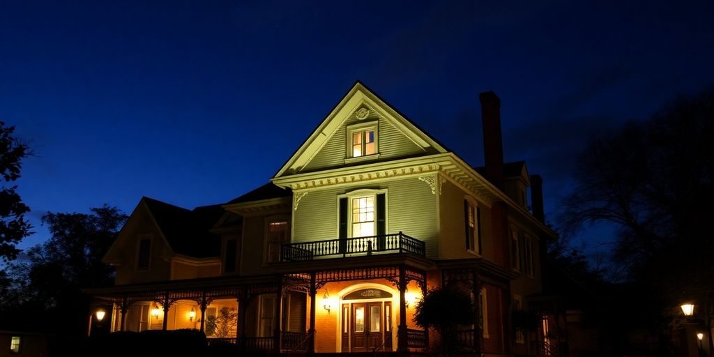 Historic Sydney house illuminated at night.