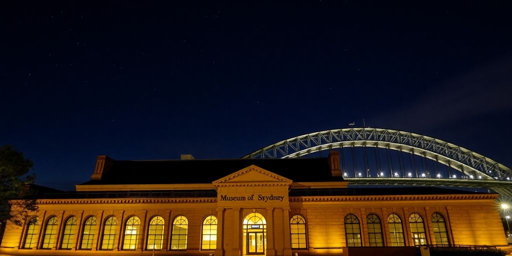 Sydney Harbour Bridge illuminated at night with museum facade.